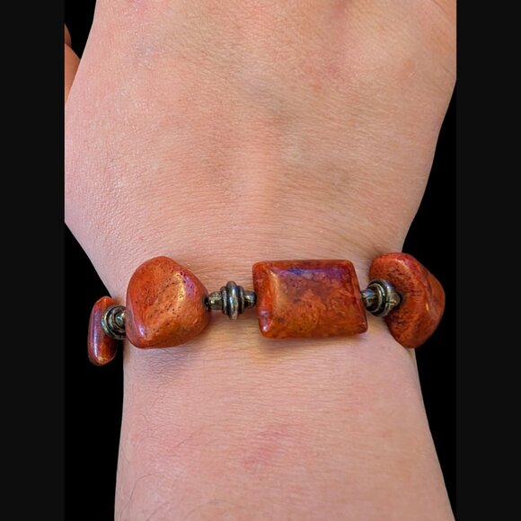 Vintage 925 Sterling Red Sponge Coral Size 7 Chunky Statement Bracelet